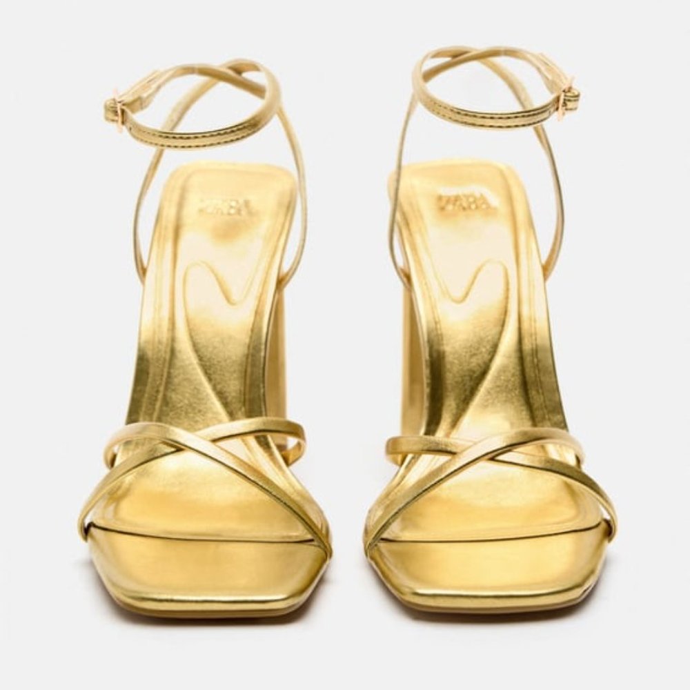 ZARA GOLD STRAPPY METALLIC HEELED SANDALS - Picture 3 of 8